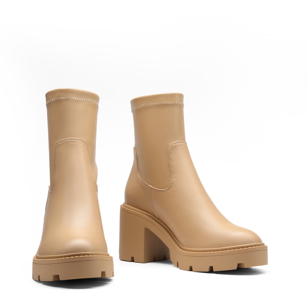 Elastic Chunky Heel Lug Sole Booties - NUDE PU - 4